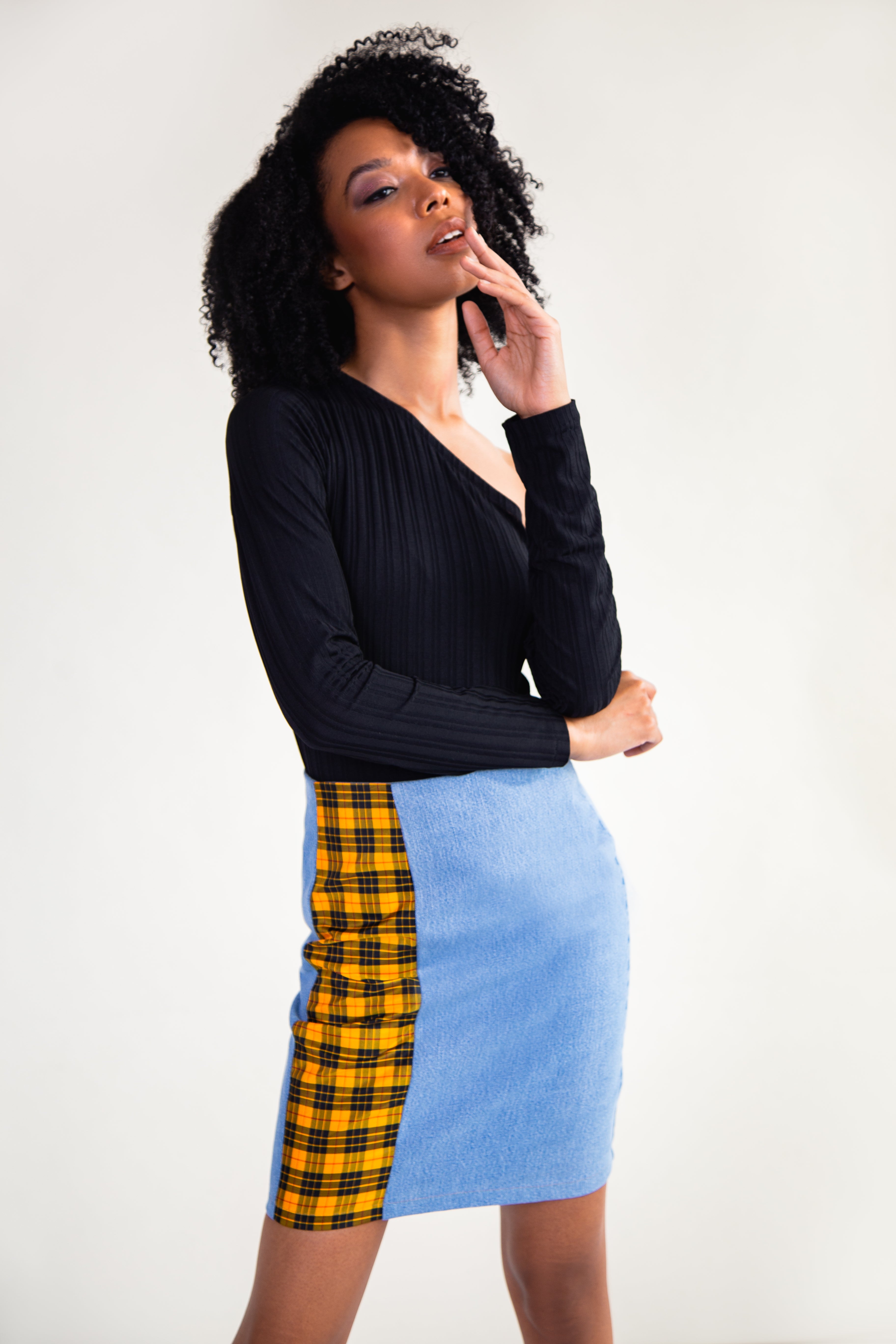 Yellow Tartan and Recycled Denim Mini Skirt