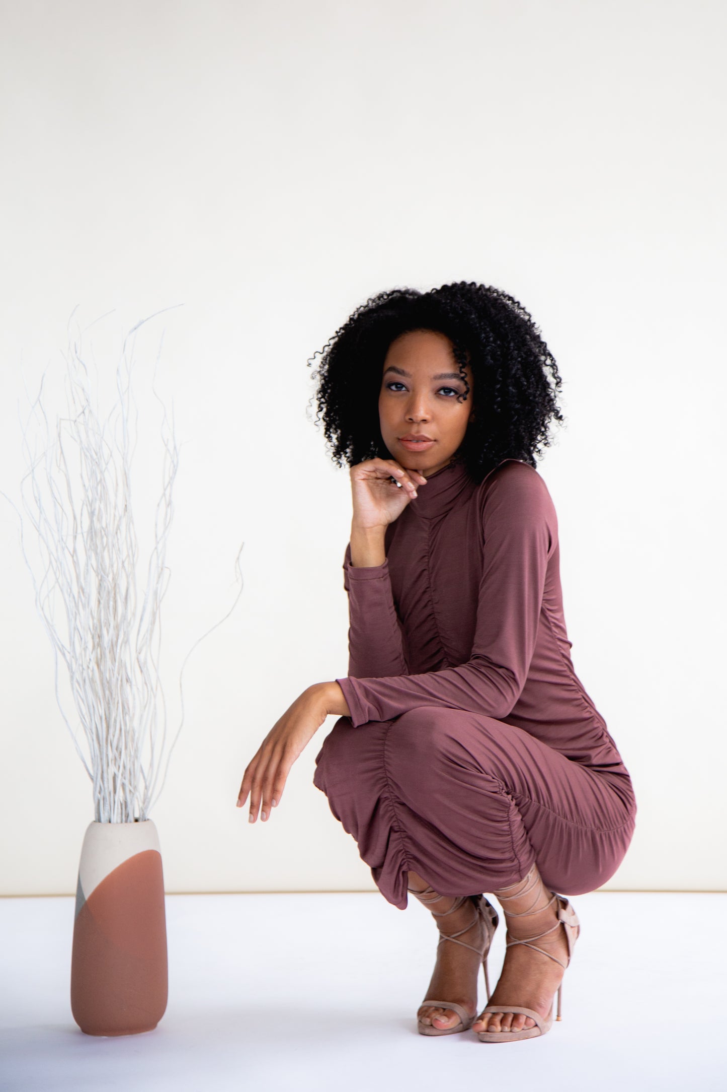 Chocolate recycled ruched midi dress