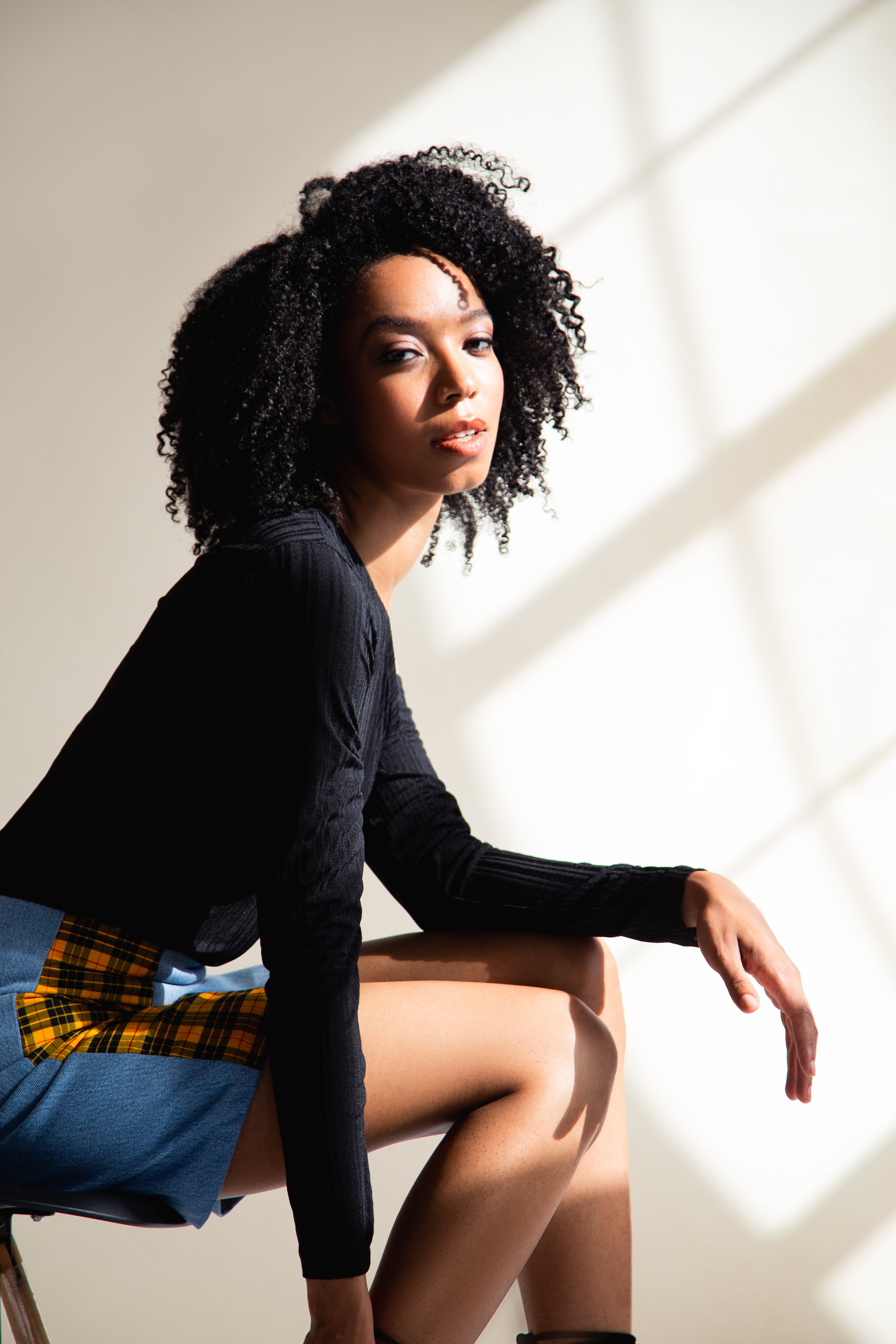 Yellow Tartan and Recycled Denim Mini Skirt