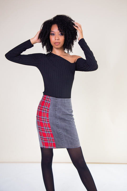 Red Tartan and Recycled Denim Mini Skirt