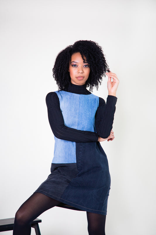 100% Recycled denim patchwork mini dress