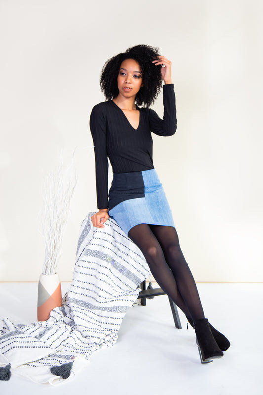 100% Recycled denim patchwork mini skirt