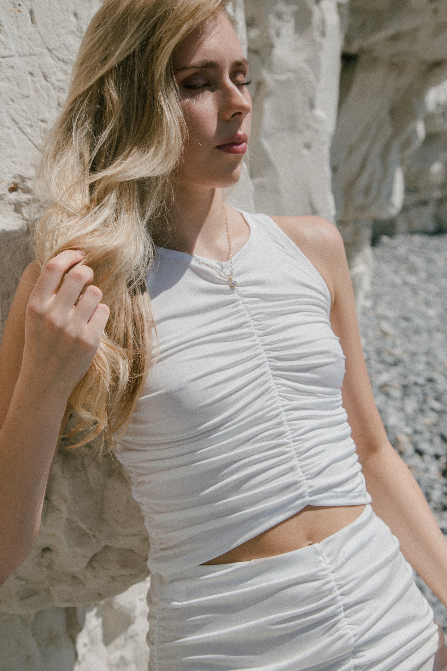White recycled ruched crop top