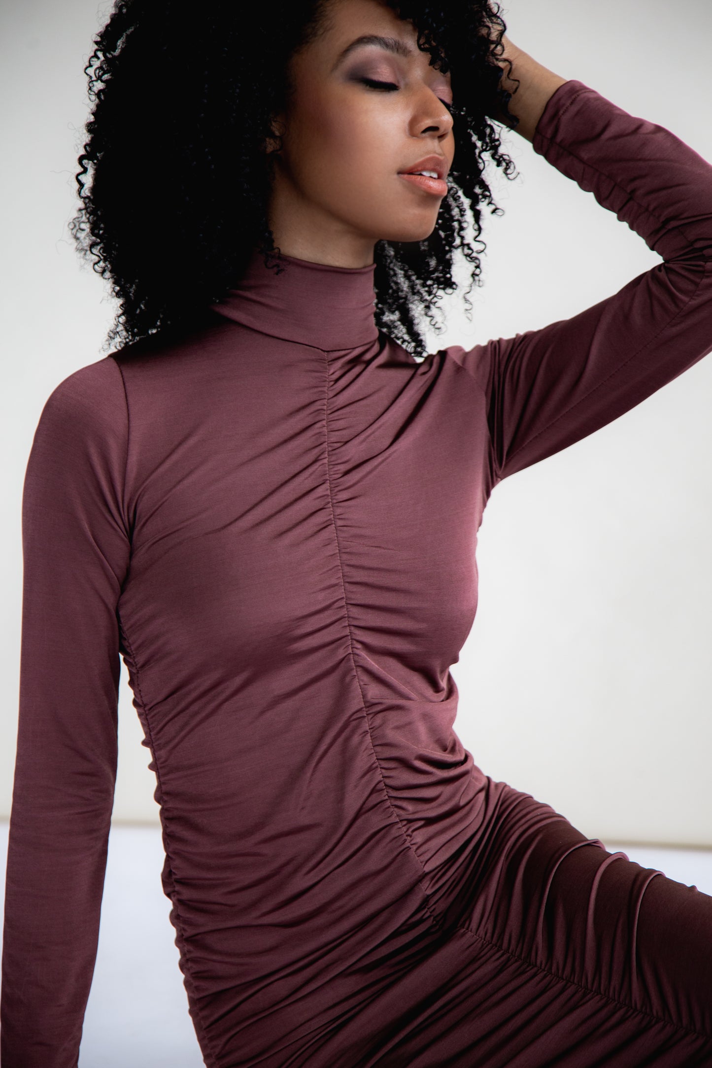 Chocolate recycled ruched midi dress