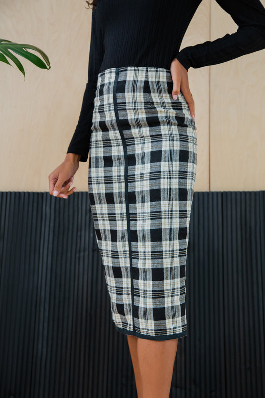Black and gold tartan midi skirt