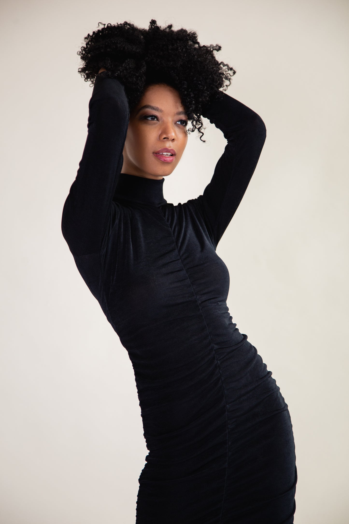 Black recycled ruched midi dress
