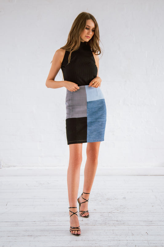 100% Recycled denim patchwork mini skirt