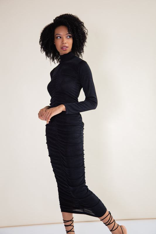 Black recycled ruched midi dress