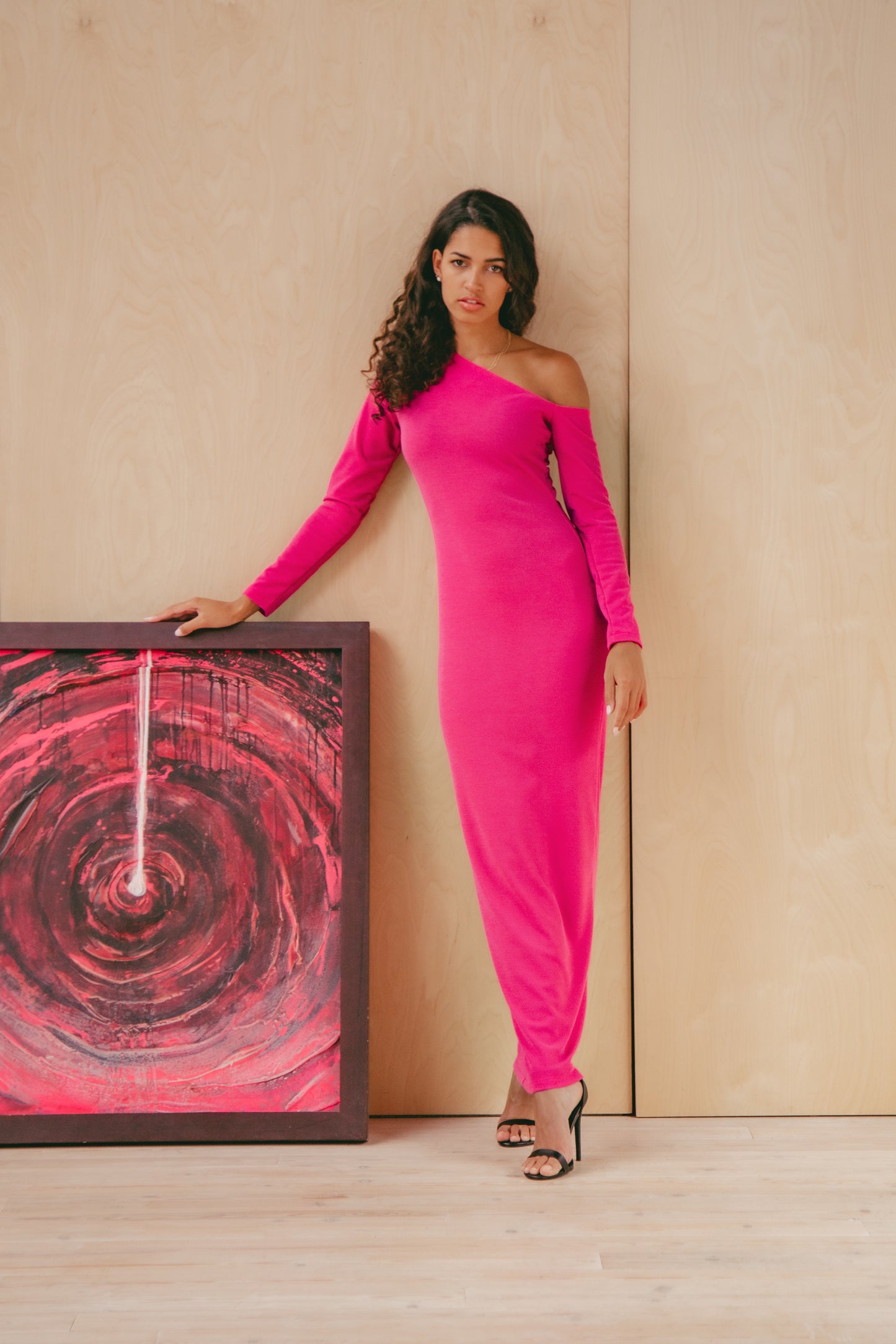 Pink recycled one shoulder maxi dress