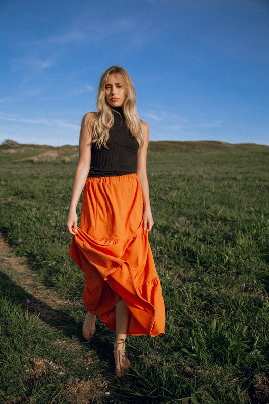 Orange recycled gathered maxi skirt
