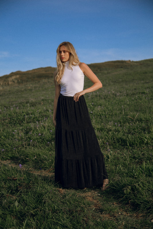 Black recycled gathered maxi skirt