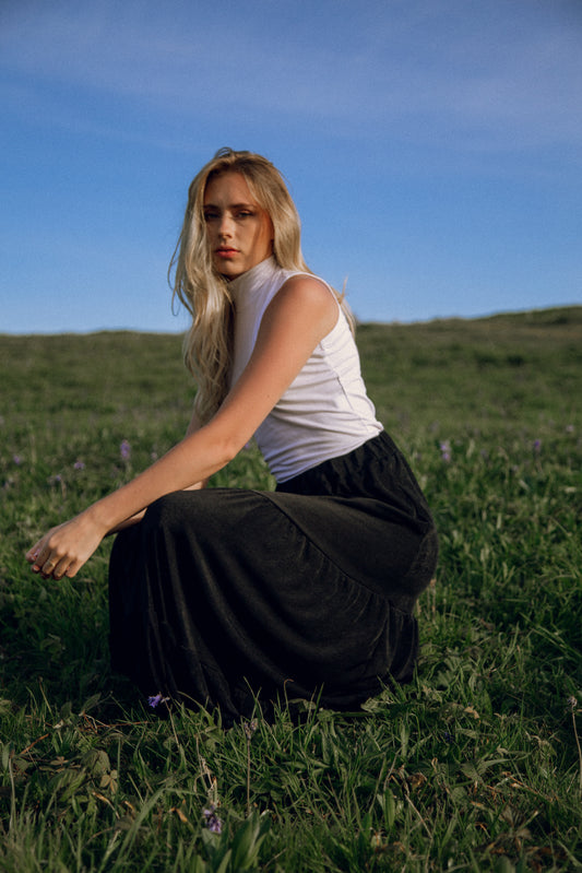 Black recycled gathered maxi skirt