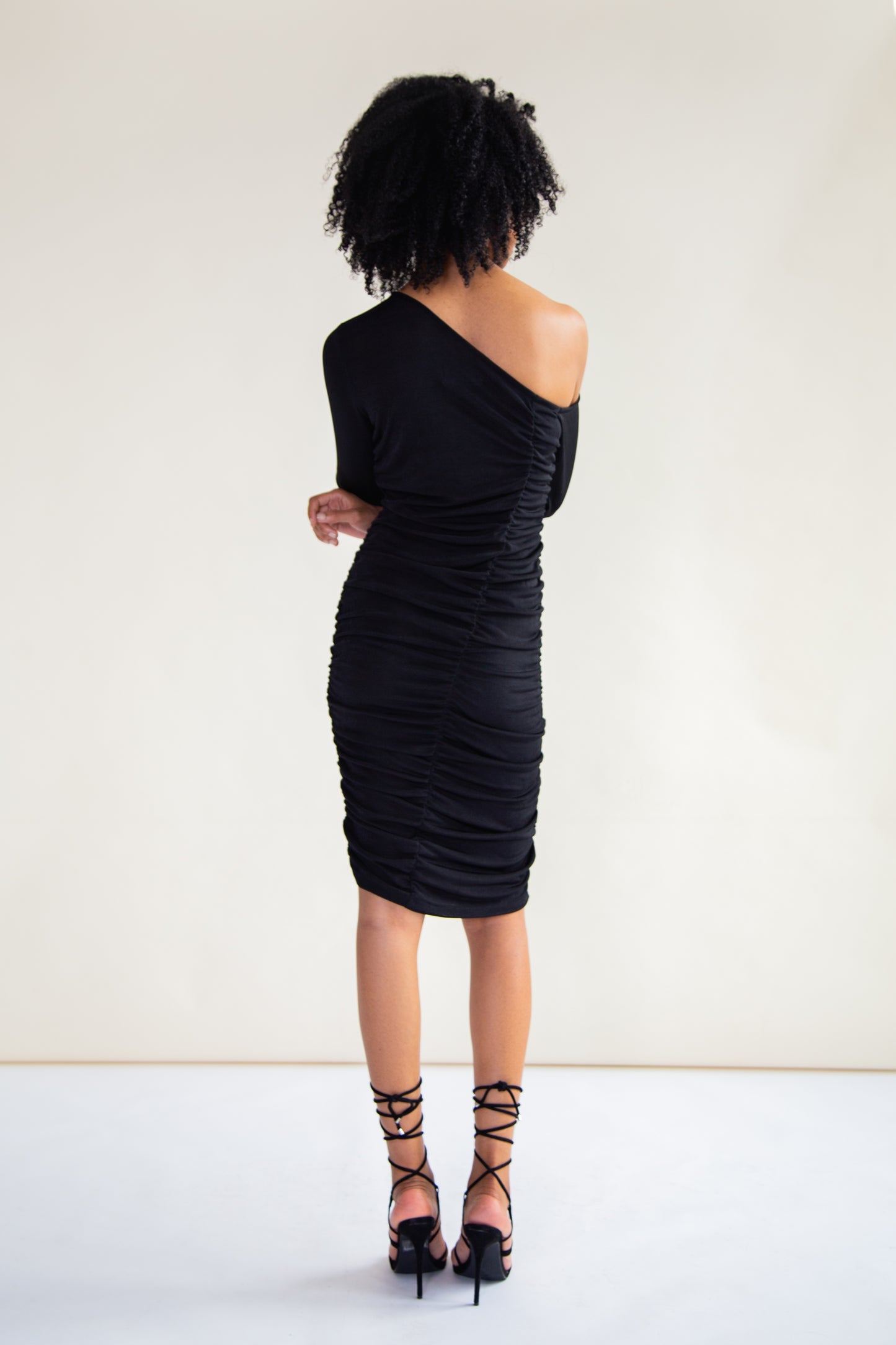 Black recycled ruched mini dress