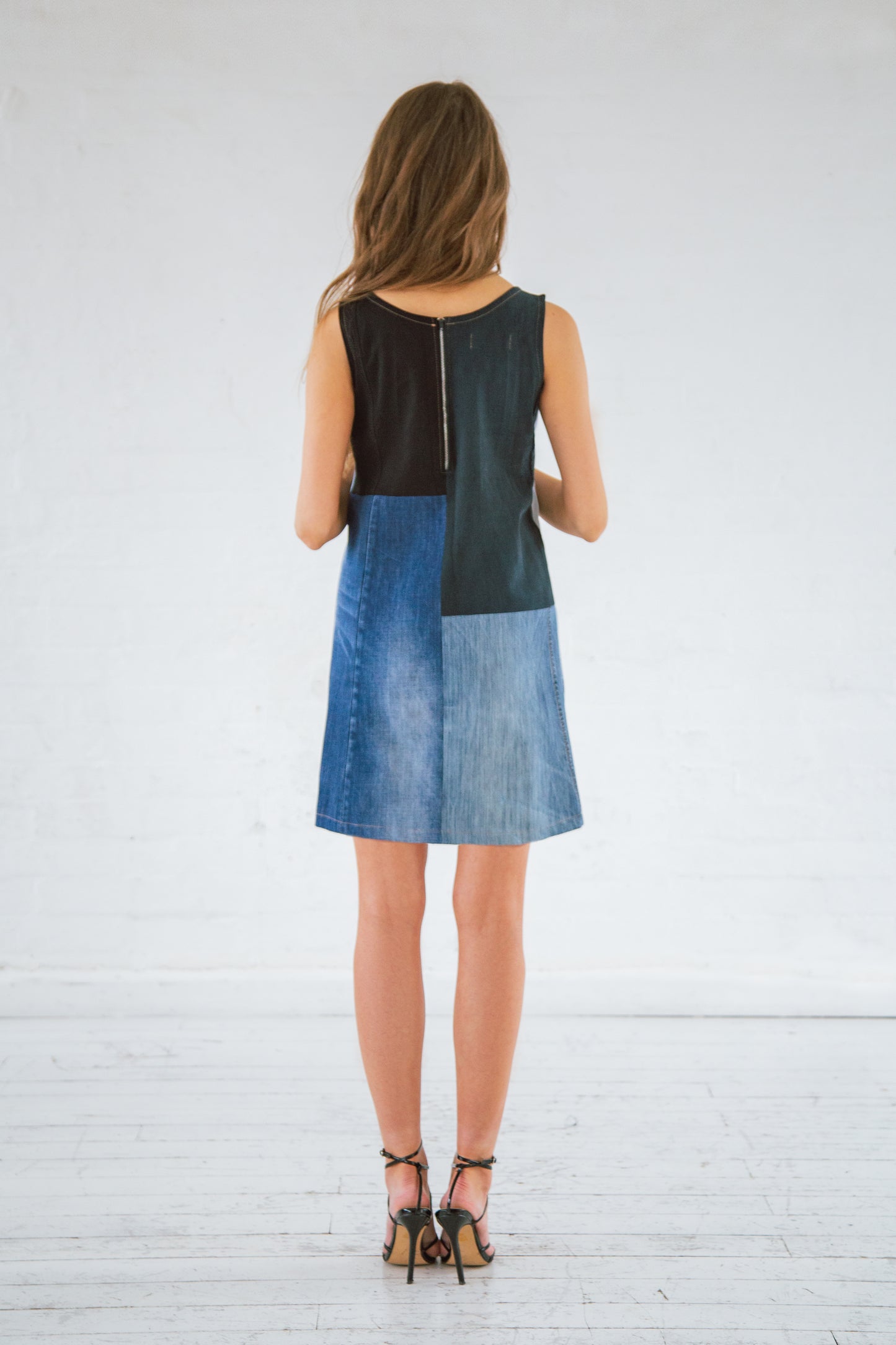 100% Recycled denim patchwork mini dress