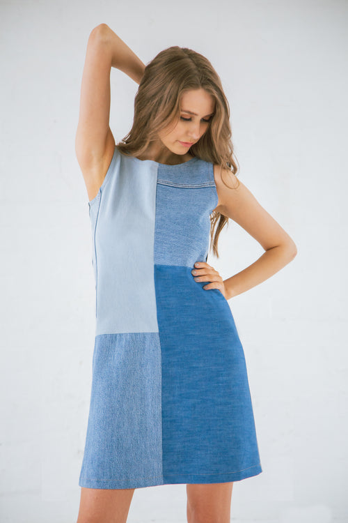 100% Recycled denim patchwork mini dress