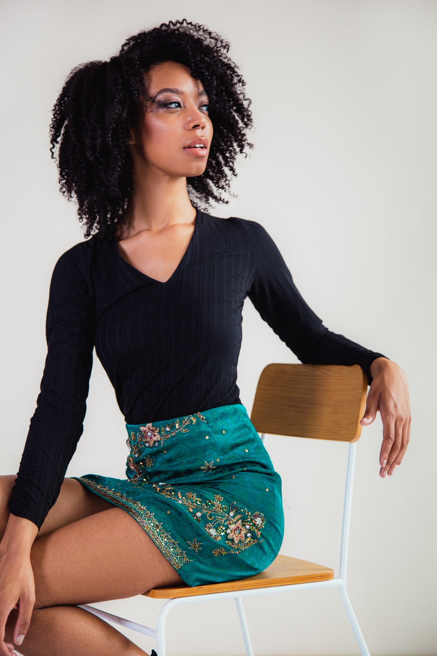 Green Hand-Embroidered Upcycled Mini Skirt