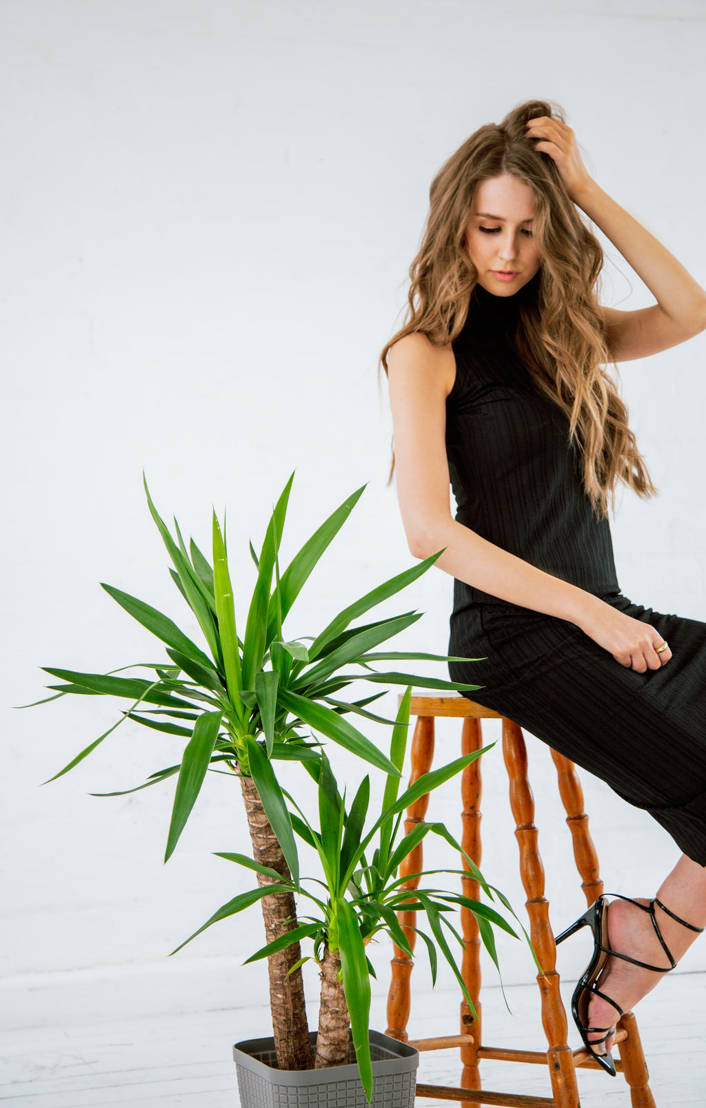 Black recycled high neck midi dress