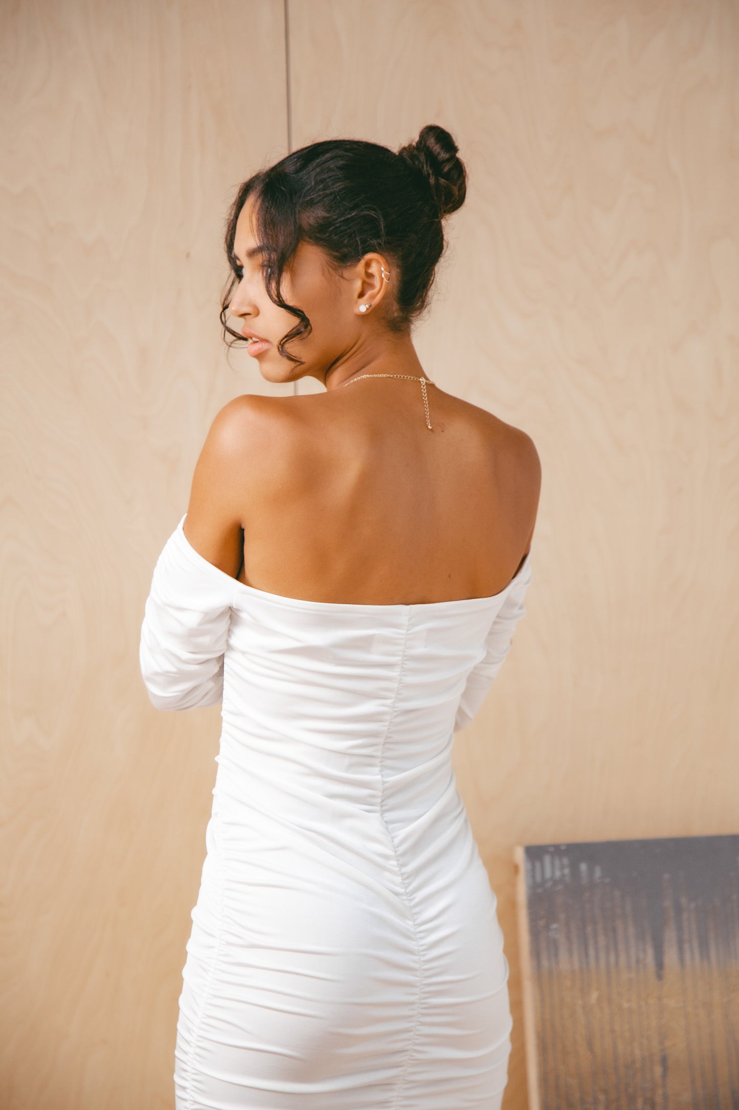 White recycled off shoulder midi dress