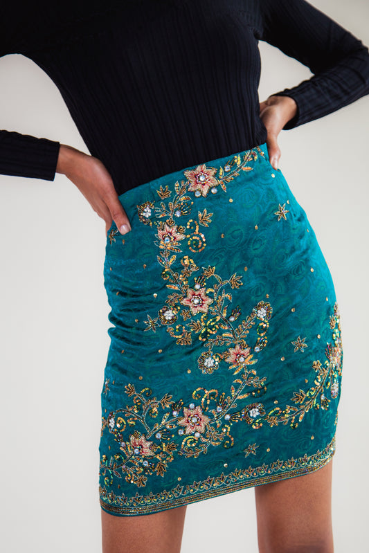 Green Hand-Embroidered Upcycled Mini Skirt