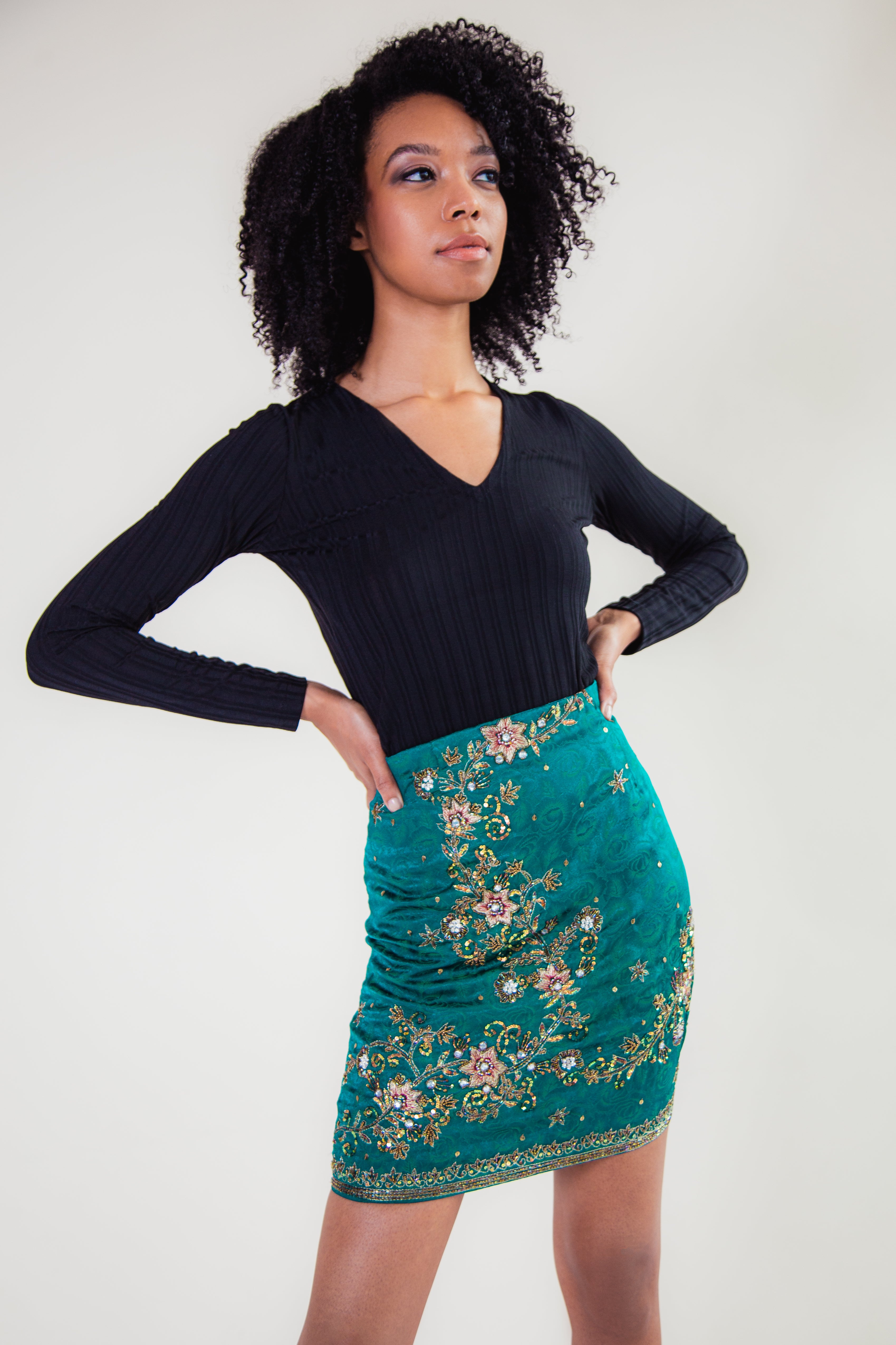 Green Hand-Embroidered Upcycled Mini Skirt