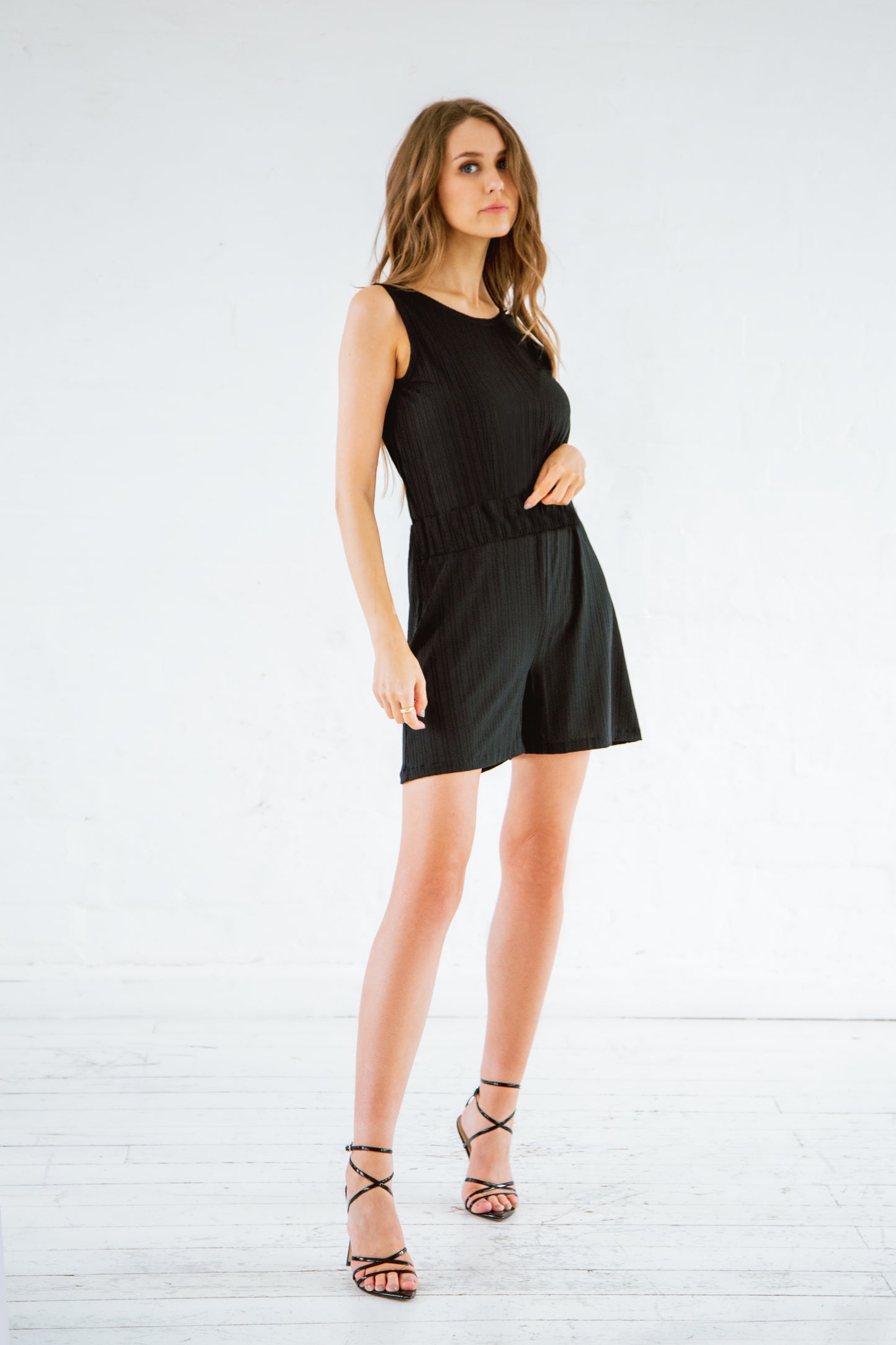 Black recycled open back playsuit