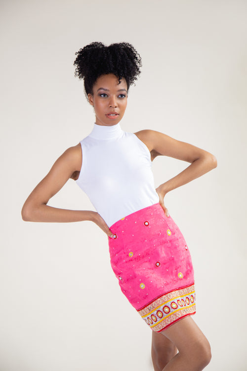 Light Pink Hand-Embroidered Upcycled Mini Skirt