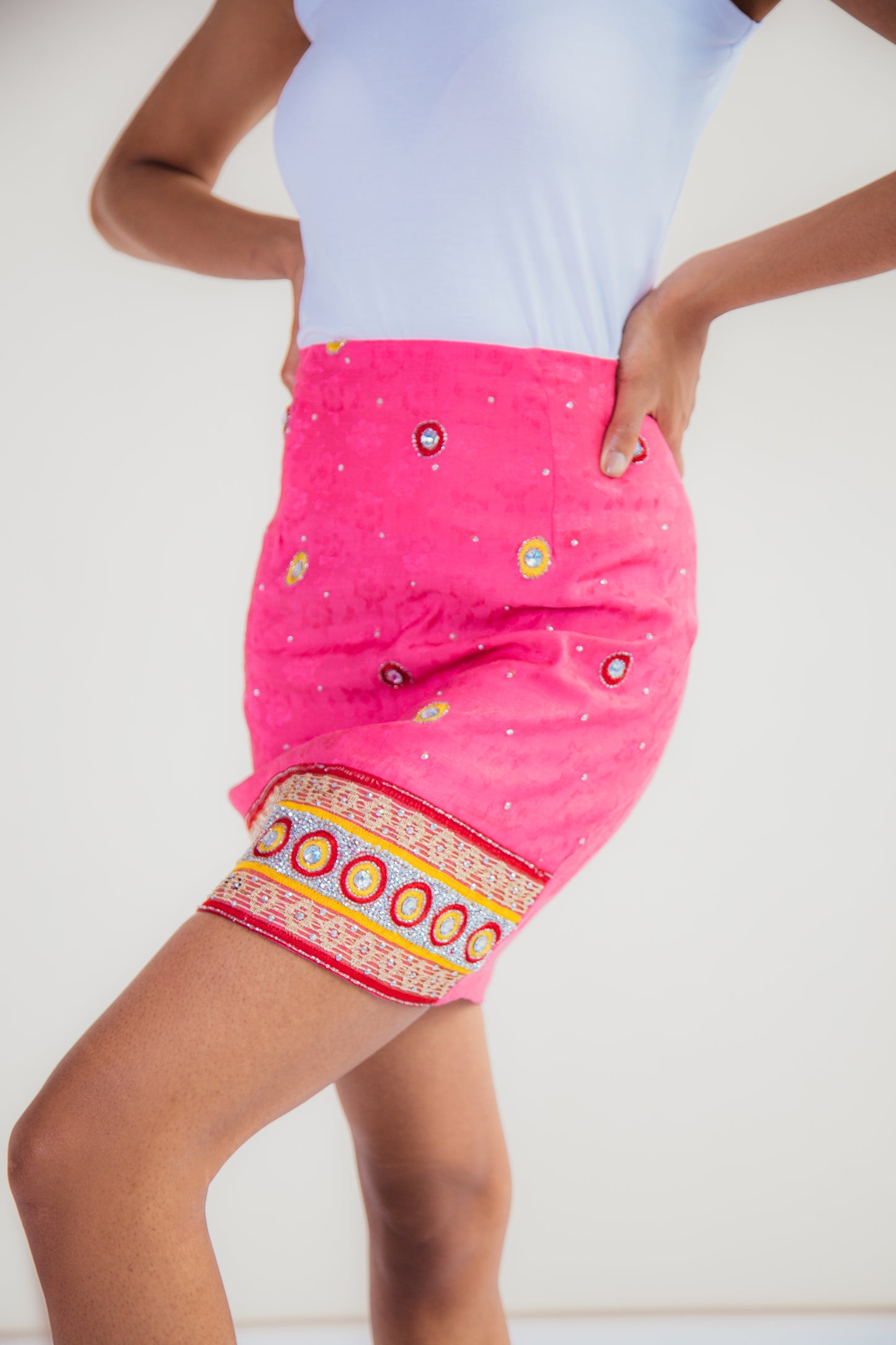 Light Pink Hand-Embroidered Upcycled Mini Skirt