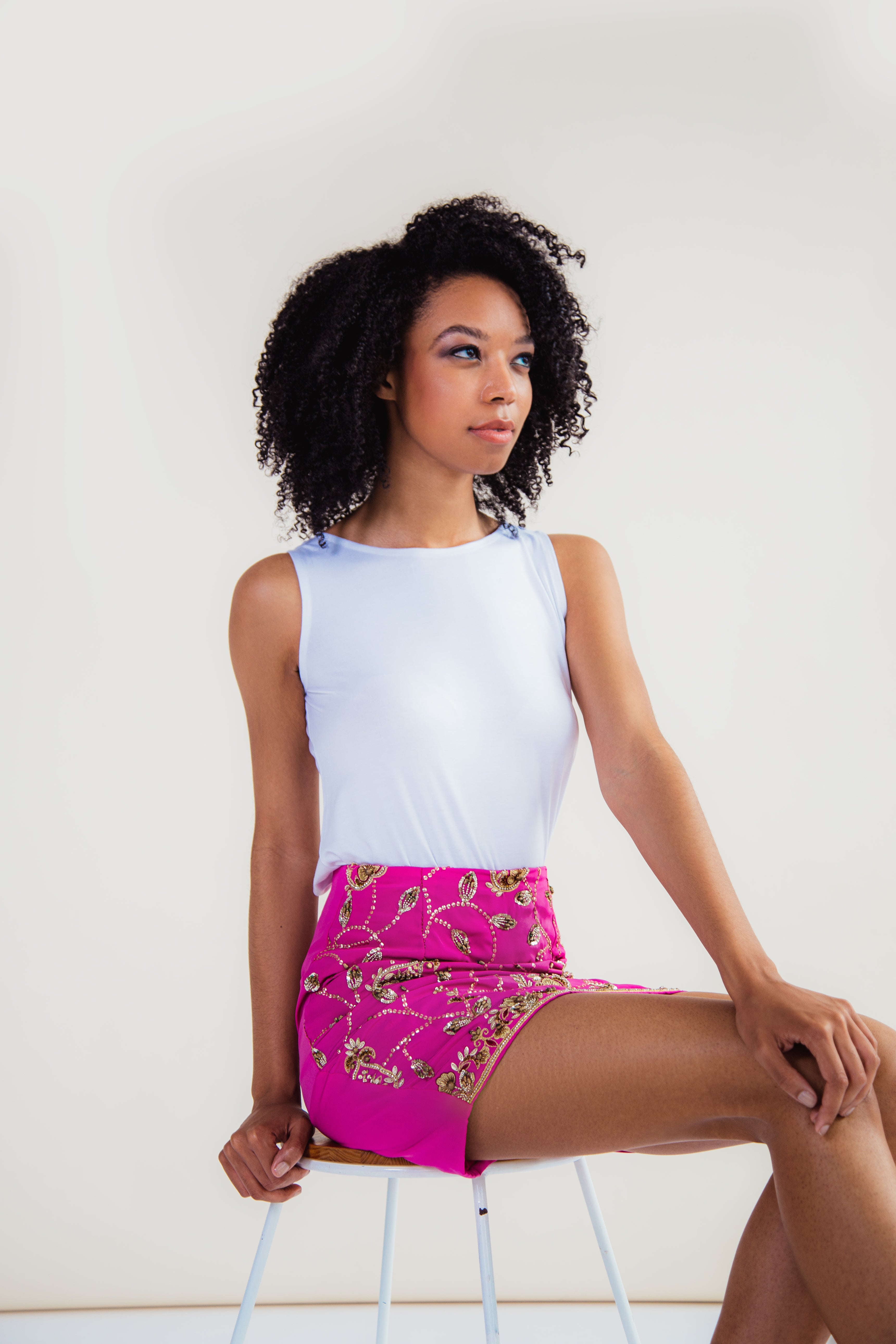 Dark Pink Hand-Embroidered Upcycled Mini Skirt