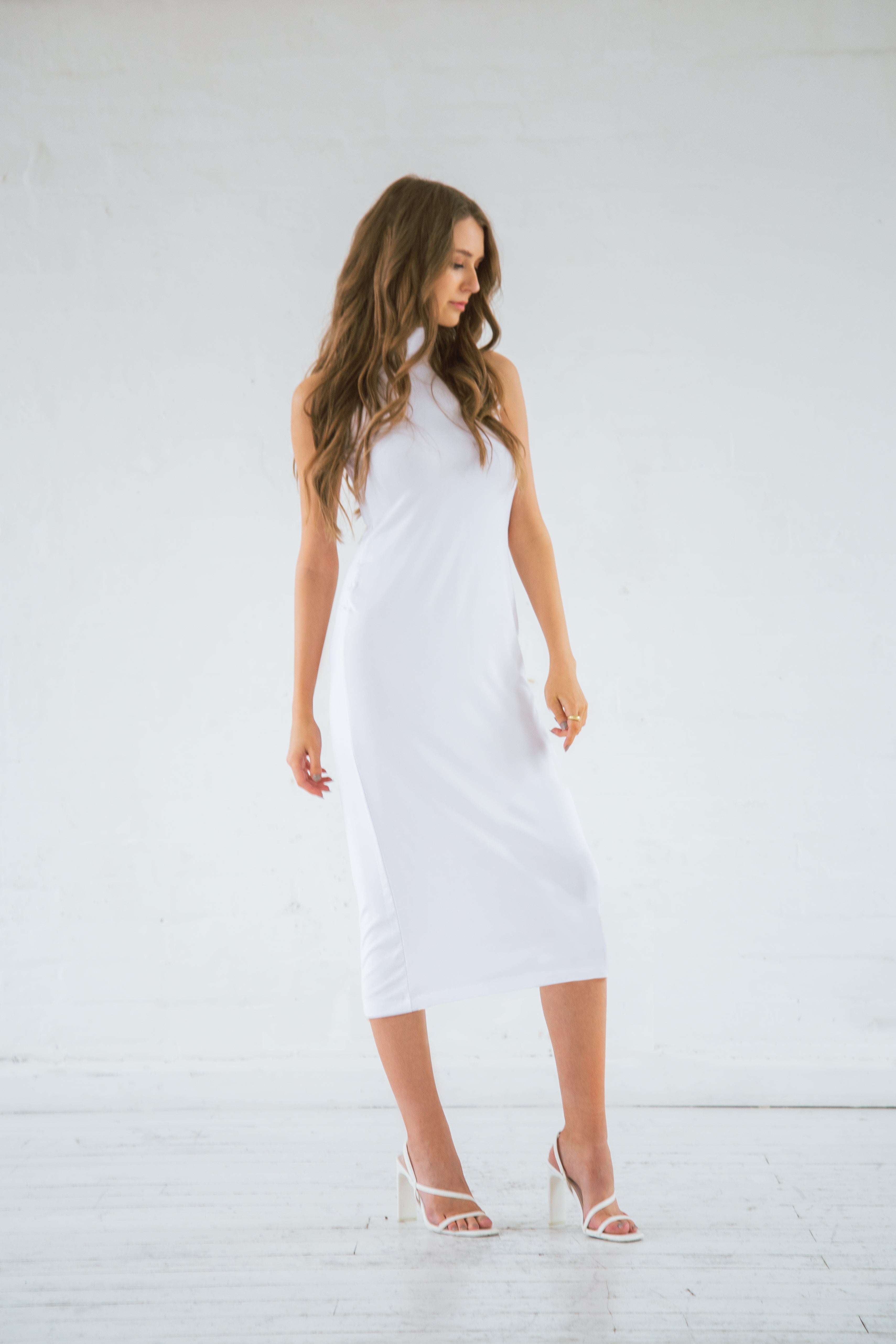 White bamboo high neck midi dress