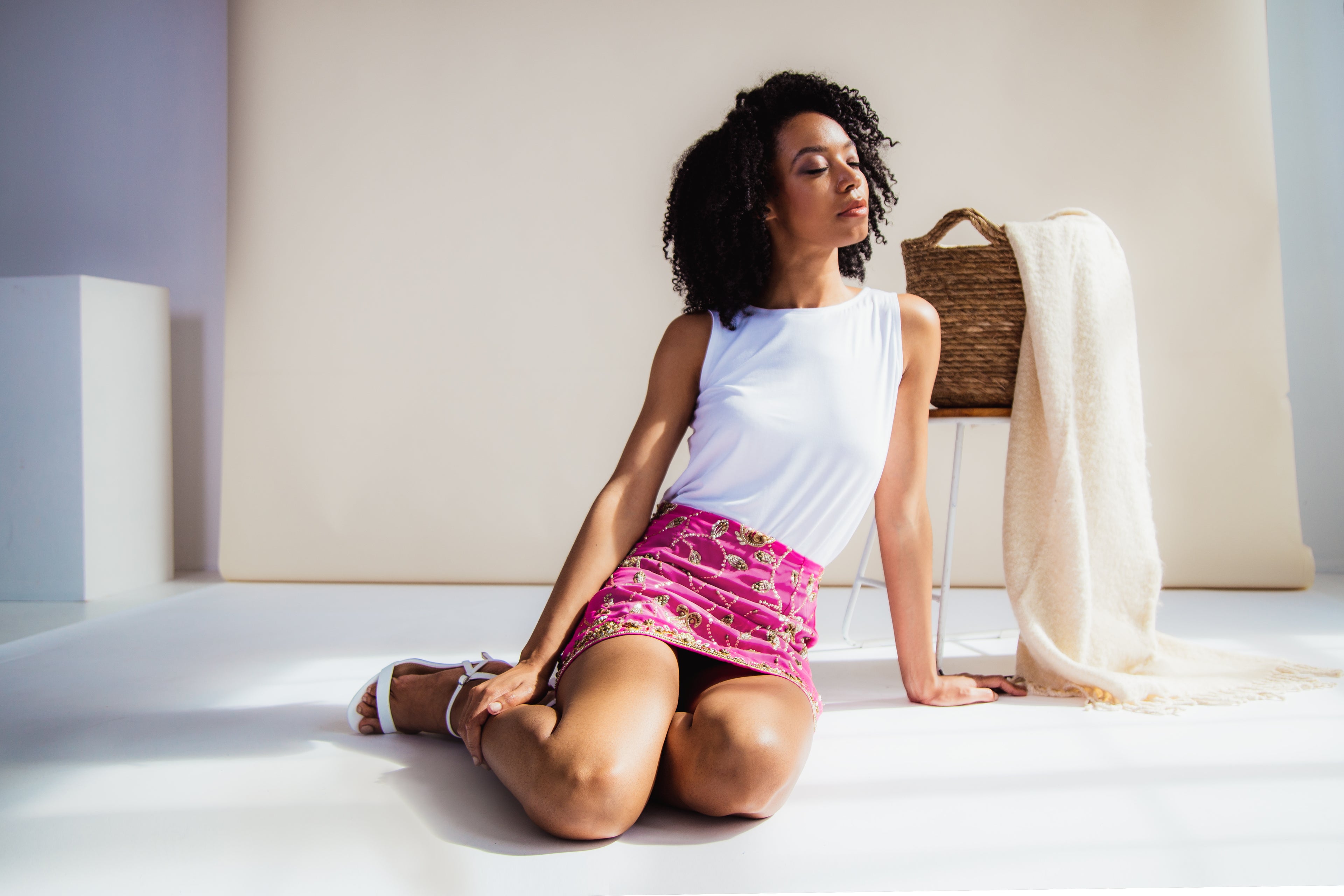 Dark Pink Hand-Embroidered Upcycled Mini Skirt