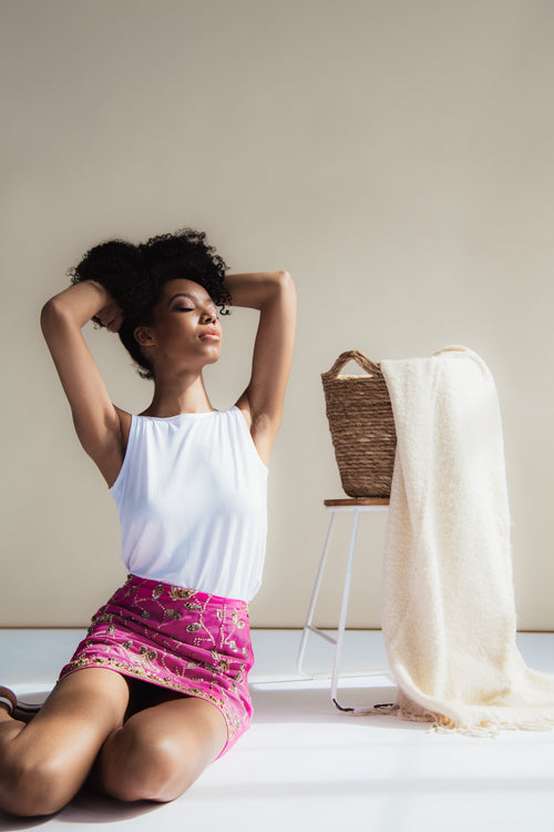 Dark Pink Hand-Embroidered Upcycled Mini Skirt