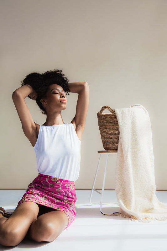 Dark Pink Hand-Embroidered Upcycled Mini Skirt