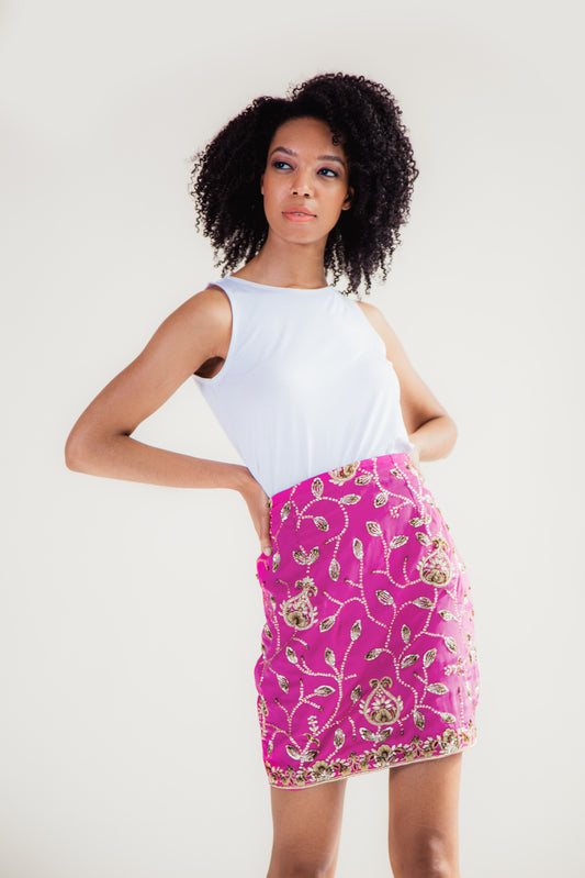 Dark Pink Hand-Embroidered Upcycled Mini Skirt