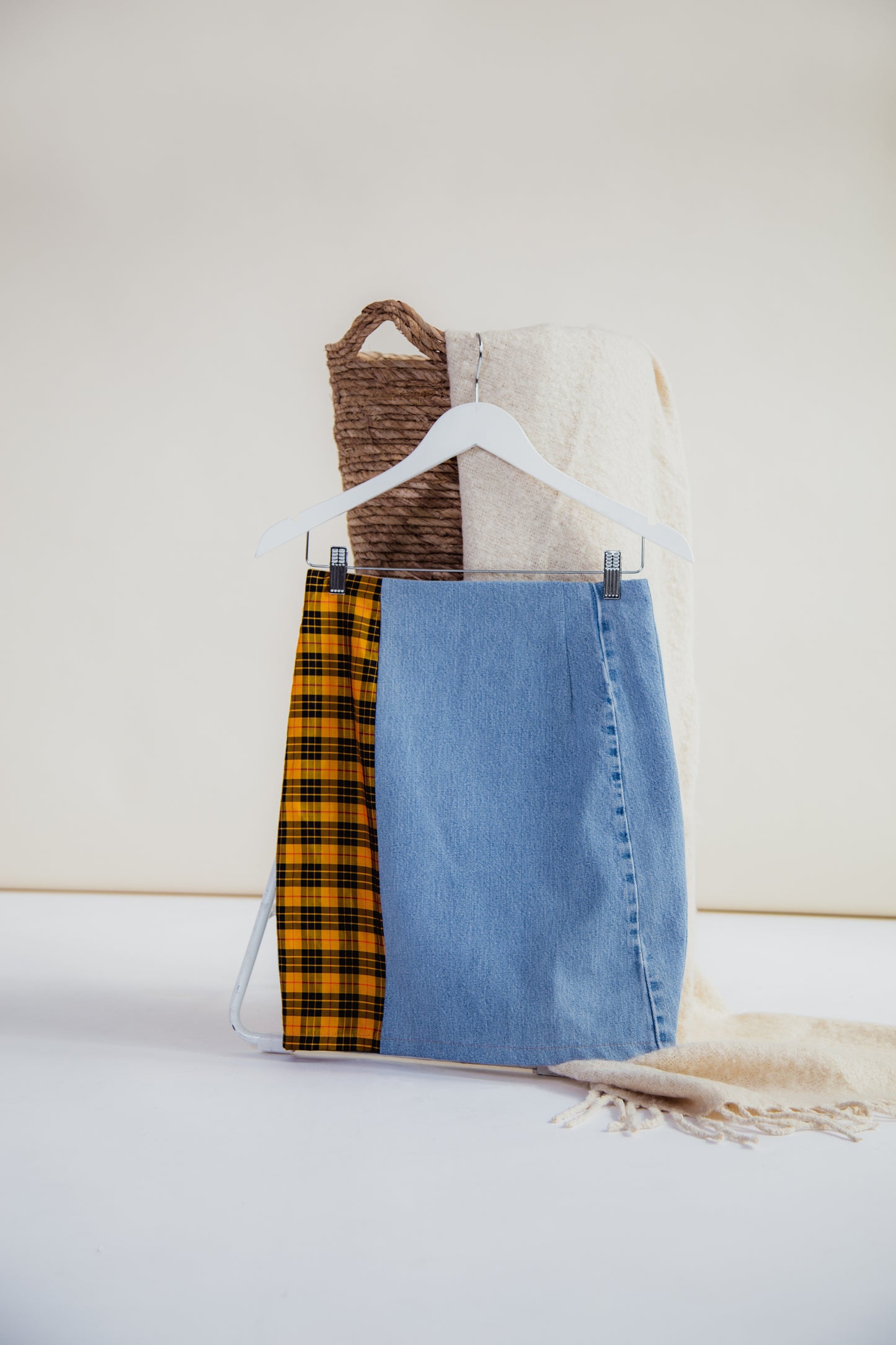 Yellow Tartan and Recycled Denim Mini Skirt