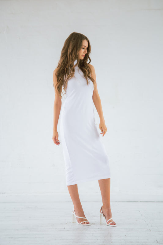 White bamboo high neck midi dress