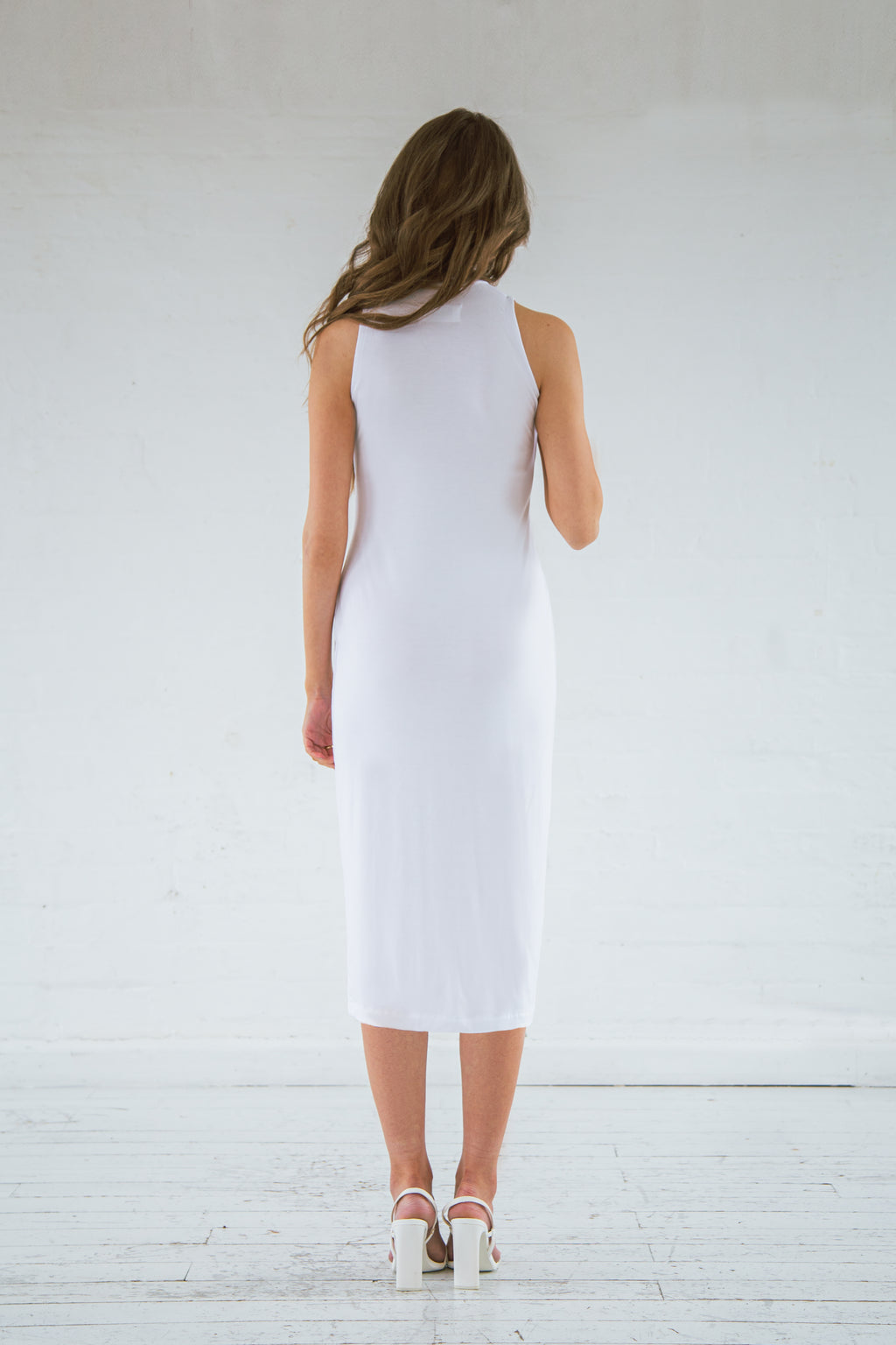 White bamboo high neck midi dress