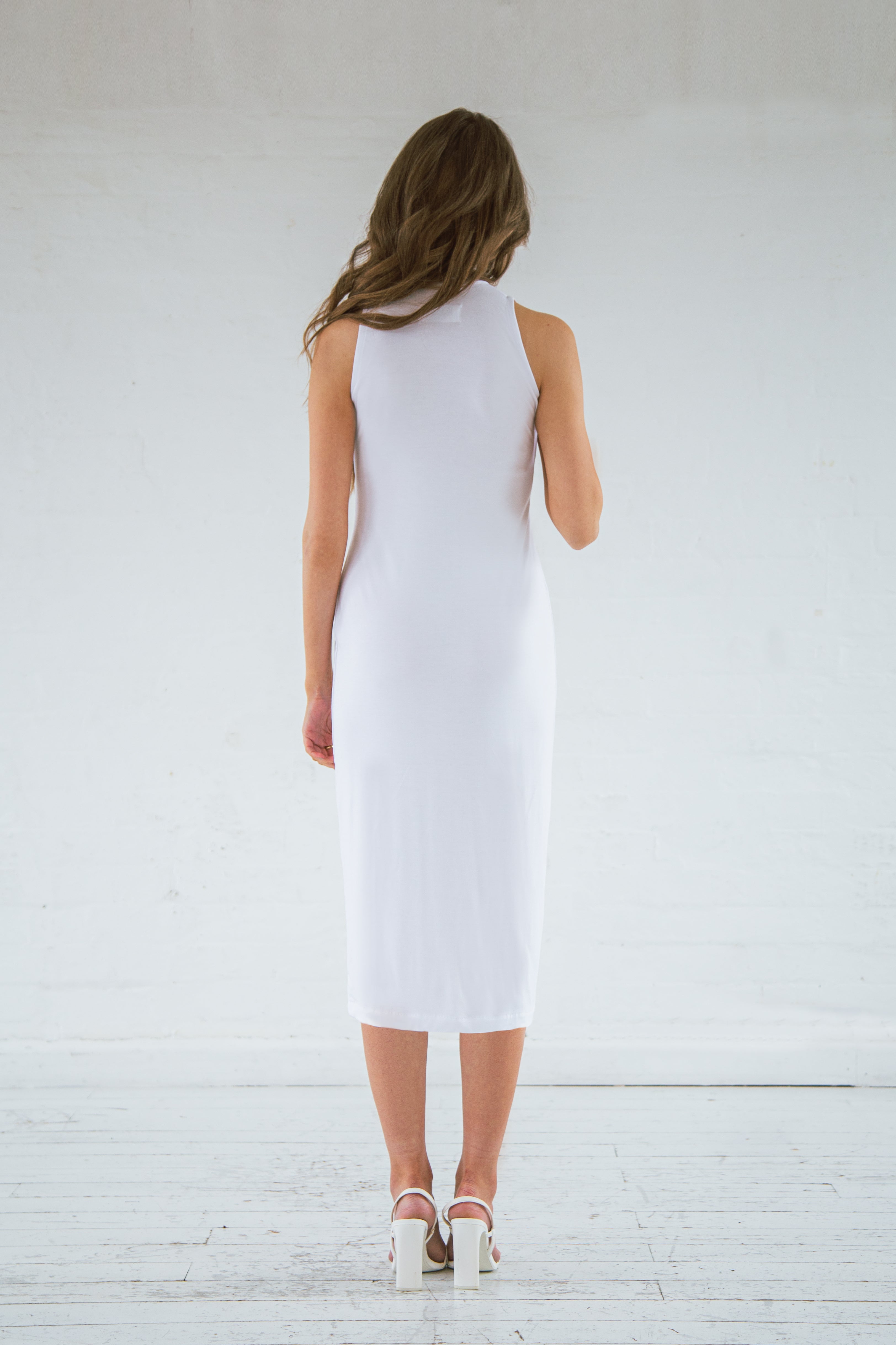 White bamboo high neck midi dress