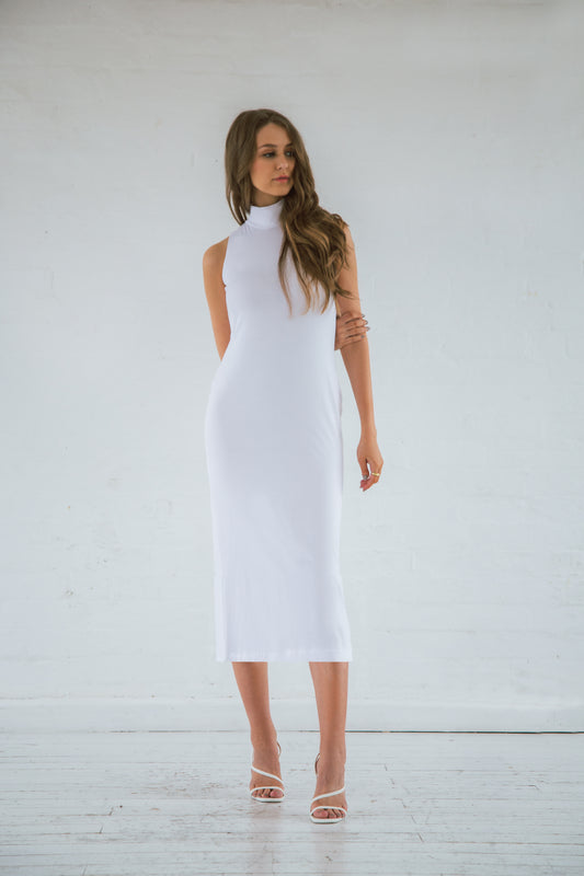 White bamboo high neck midi dress