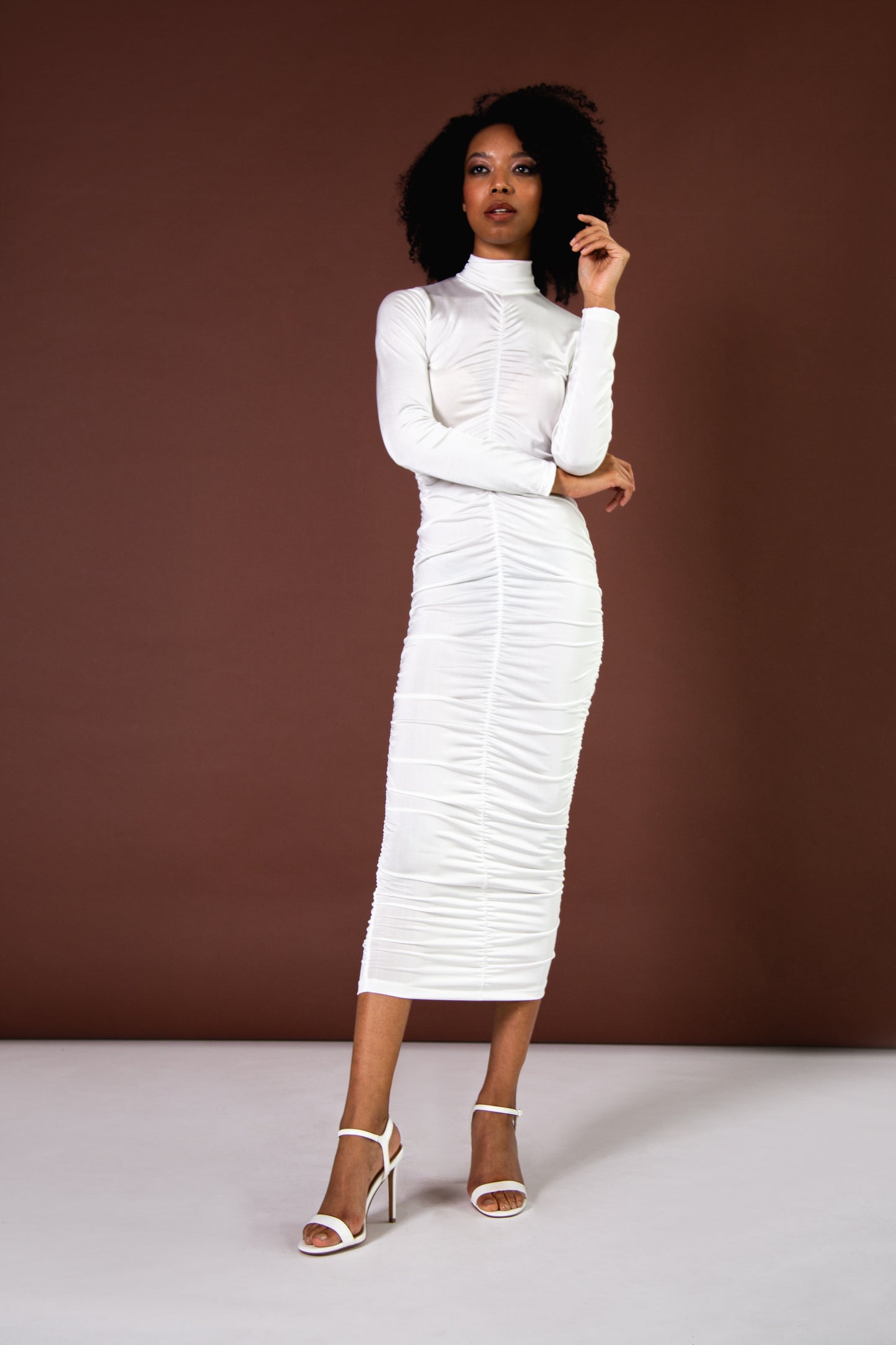 Ivory recycled ruched midi dress