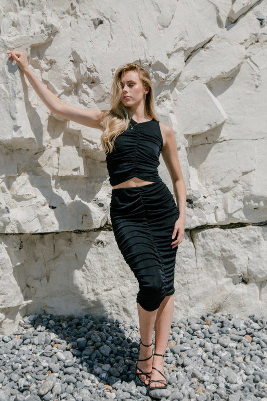 Black recycled ruched crop top